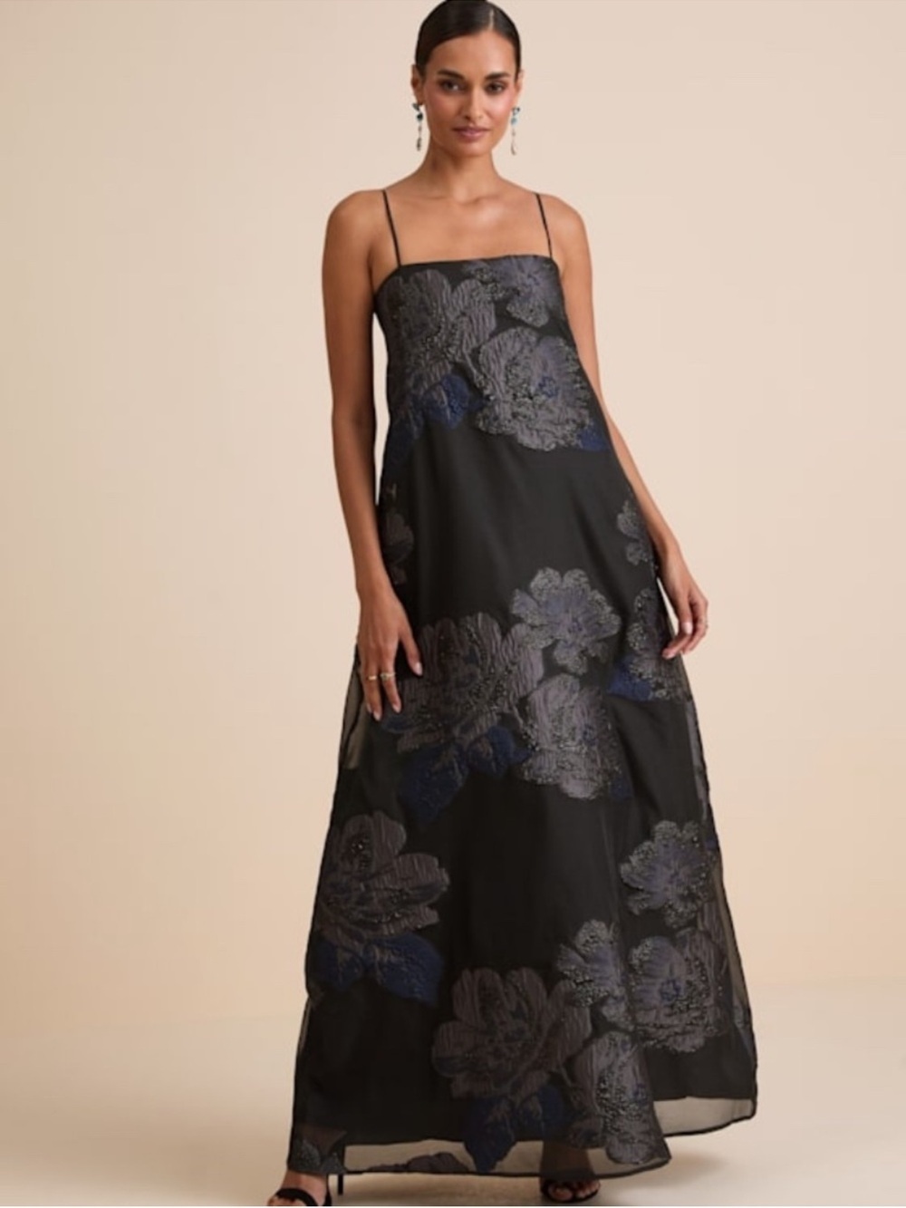 Lulu's Black Maxi Dress with Navy and Charcoal Floral Appliqué